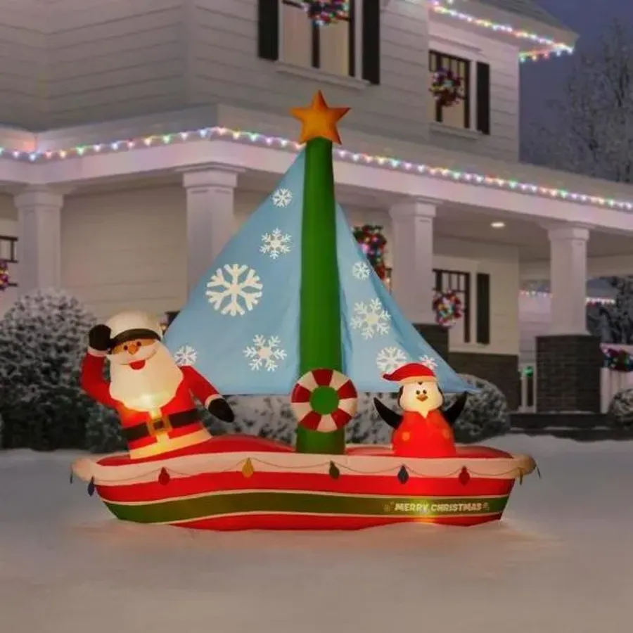 Christmas-7 Ft Pre Lit Led Inflatable Santa In Sailboat Scene