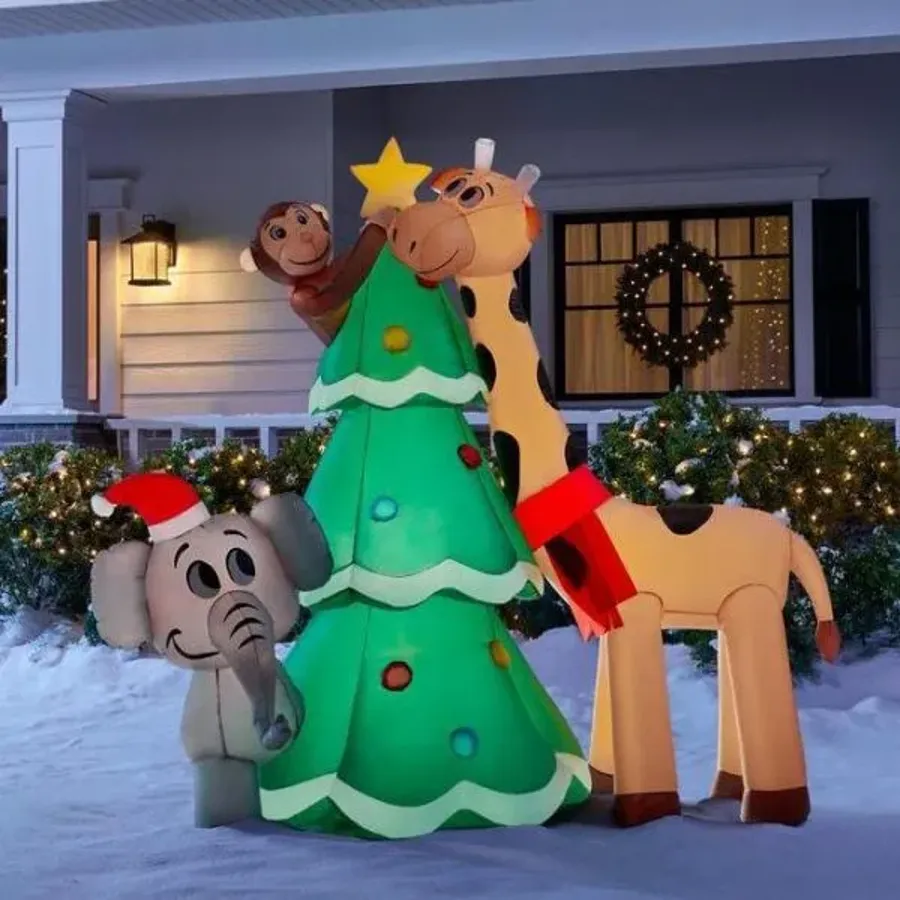 Christmas - 6 Ft Inflatable Giraffe And Elephant With Tree Scene