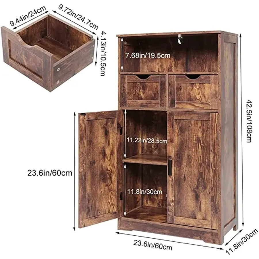 Large Storage Cabinet with 2 Adjustable Drawers & 2 Shelf - Rustic Brown