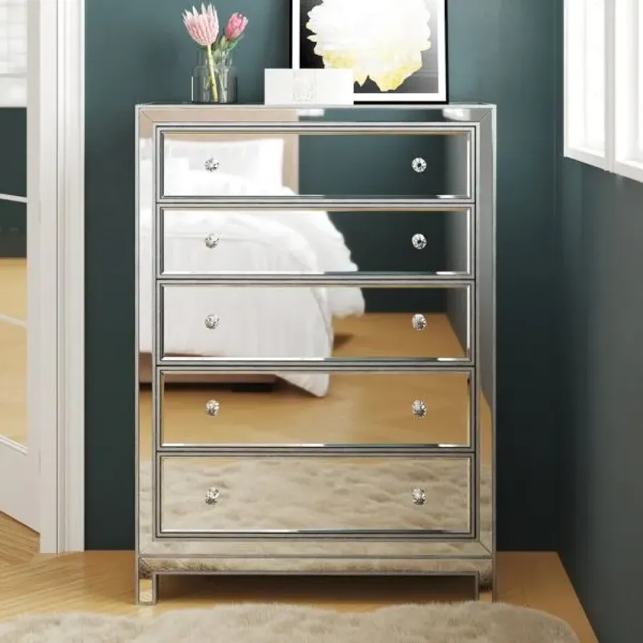 Silver Mirror Tallboy 5 Drawers