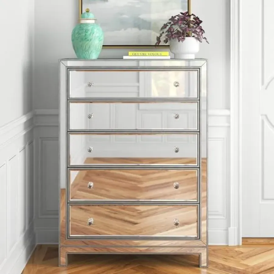 Silver Mirror Tallboy 5 Drawers