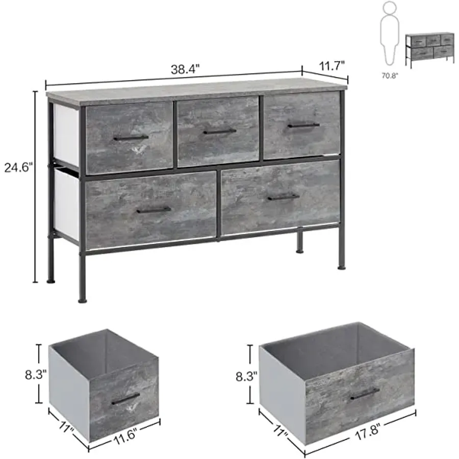 5 Drawer Dresser | Nightstand with Wood Top Rustic Storage - Grey