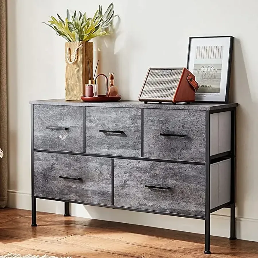 5 Drawer Dresser | Nightstand with Wood Top Rustic Storage - Grey