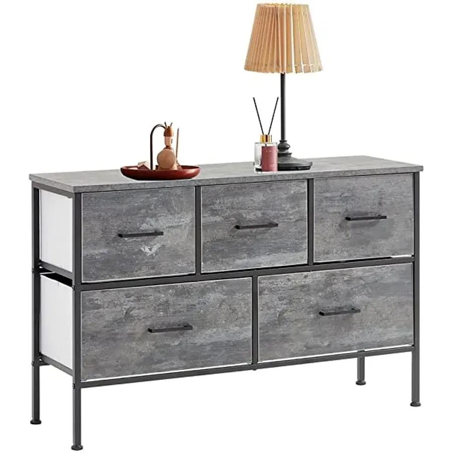 5 Drawer Dresser | Nightstand with Wood Top Rustic Storage - Grey