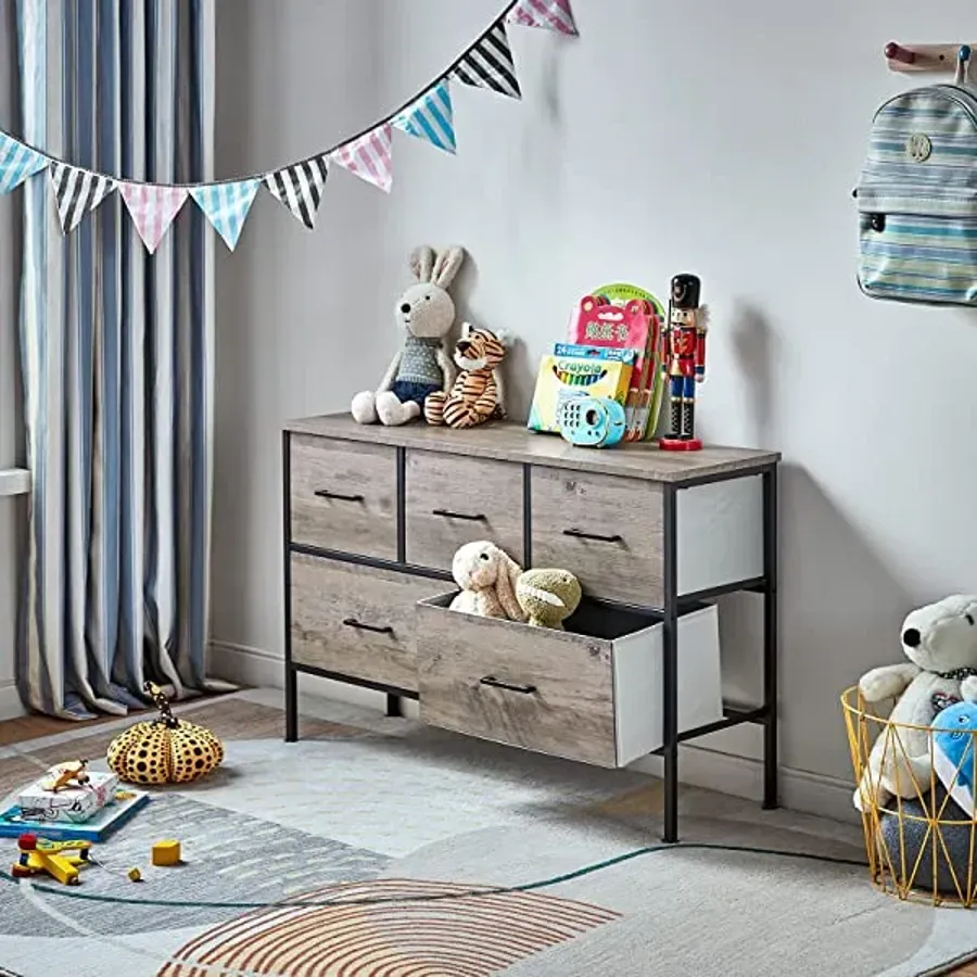 5 Drawer Dresser | Nightstand with Wood Top Rustic Storage - Grey