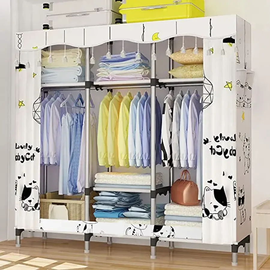 Portable Canvas Wardrobes Closet Clothes Storage Shelves - White