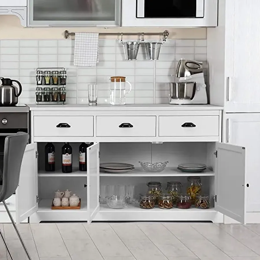 Sideboard with 2 Cabinets and 3 Drawers Adjustable Shelves - White