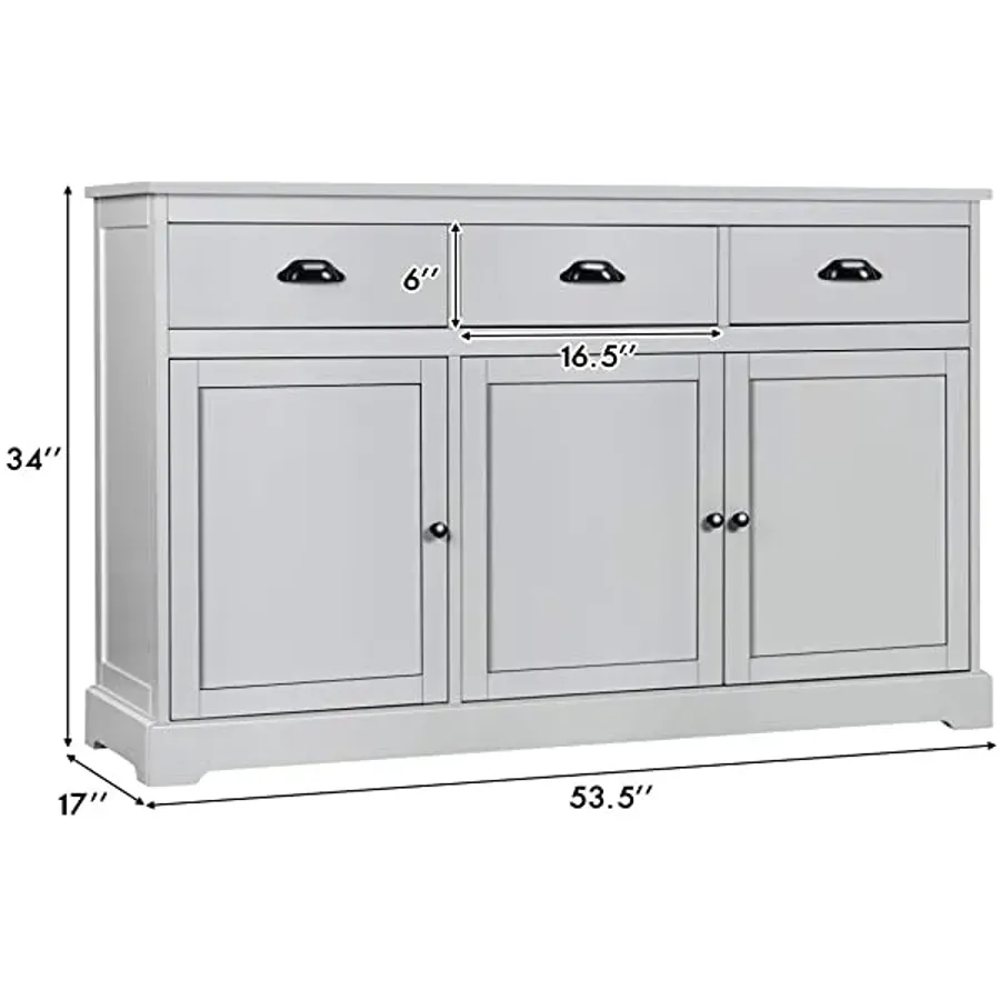 Sideboard with 2 Cabinets and 3 Drawers Adjustable Shelves - White