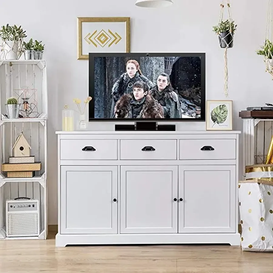 Sideboard with 2 Cabinets and 3 Drawers Adjustable Shelves - White