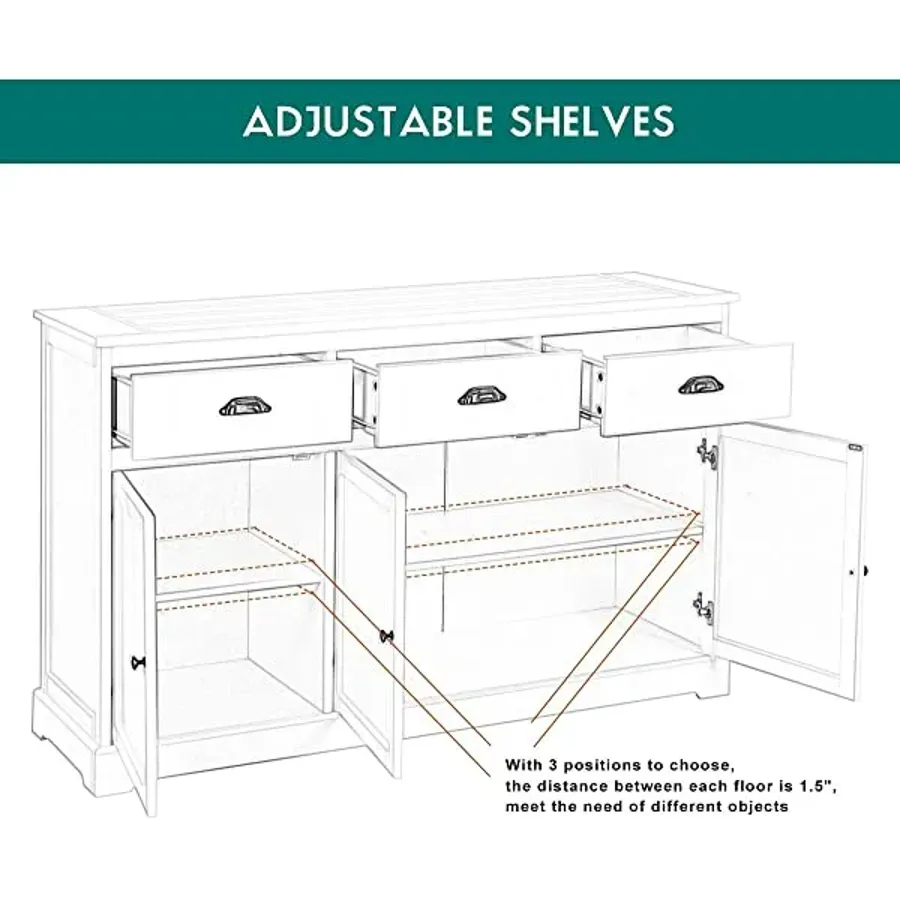 Sideboard with 2 Cabinets and 3 Drawers Adjustable Shelves - White