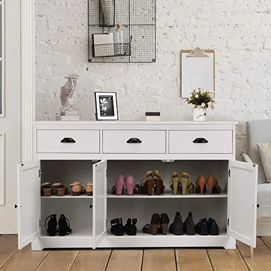 Sideboard with 2 Cabinets and 3 Drawers Adjustable Shelves - White