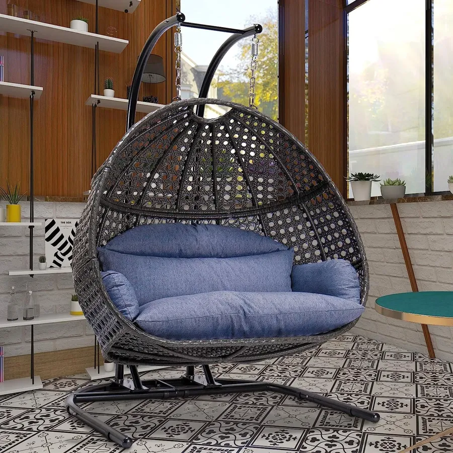 Wicker Rattan Egg Swing Chair with Stand and Cushion