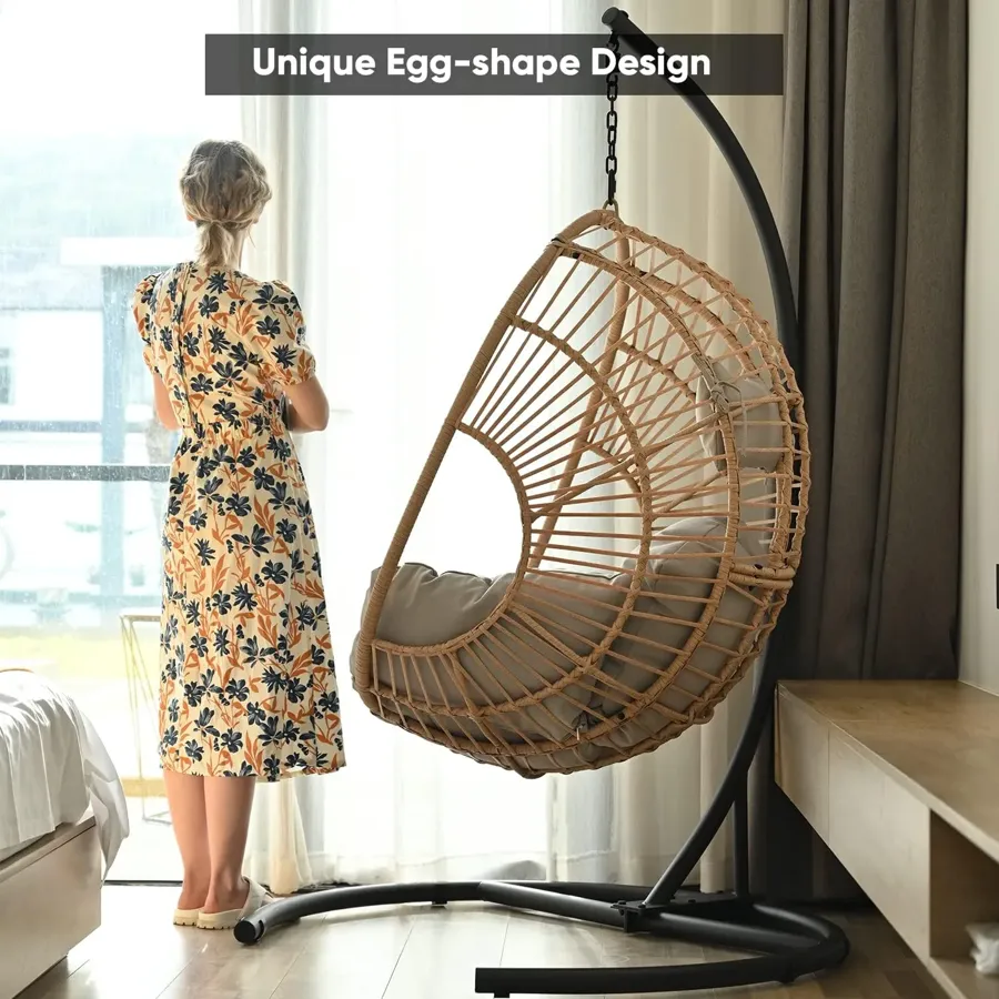 Wicker Rattan Egg Swing Chair with Stand and Cushion