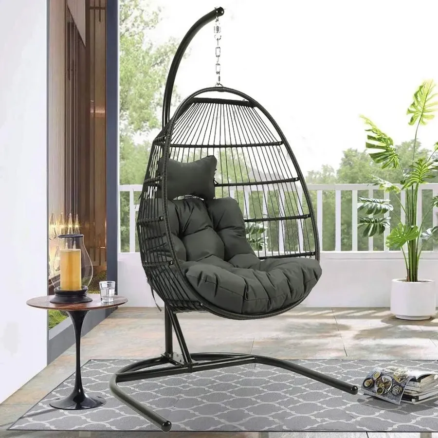 Wicker Rattan Egg Swing Chair with Stand and Cushion