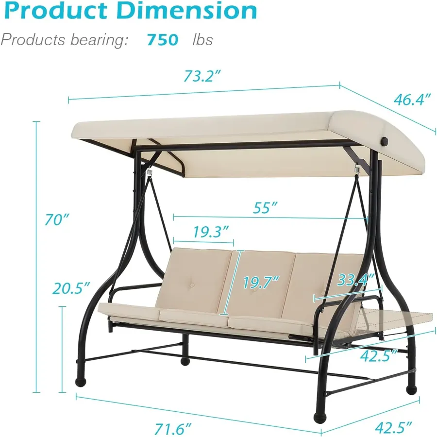 3-Seat Outdoor Porch Swing with Adjustable Backrest and Canopy