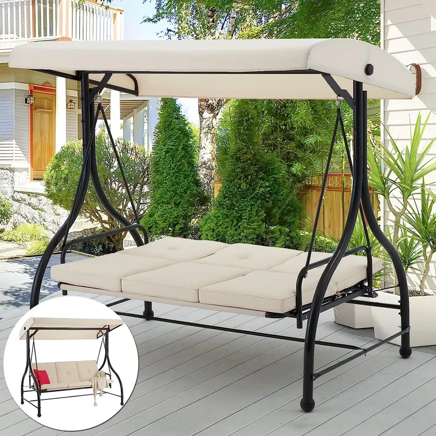 3-Seat Outdoor Porch Swing with Adjustable Backrest and Canopy