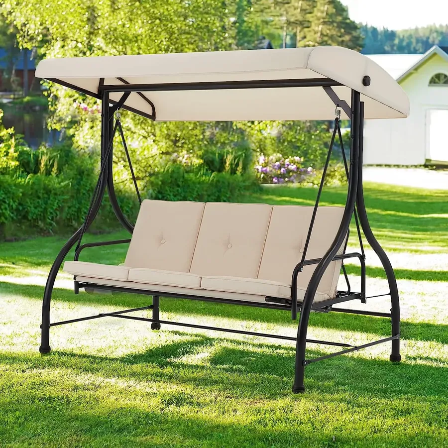 3-Seat Outdoor Porch Swing with Adjustable Backrest and Canopy