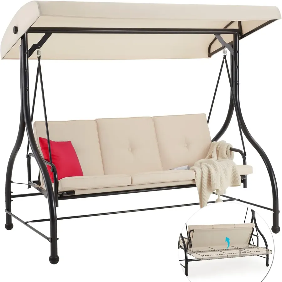 3-Seat Outdoor Porch Swing with Adjustable Backrest and Canopy