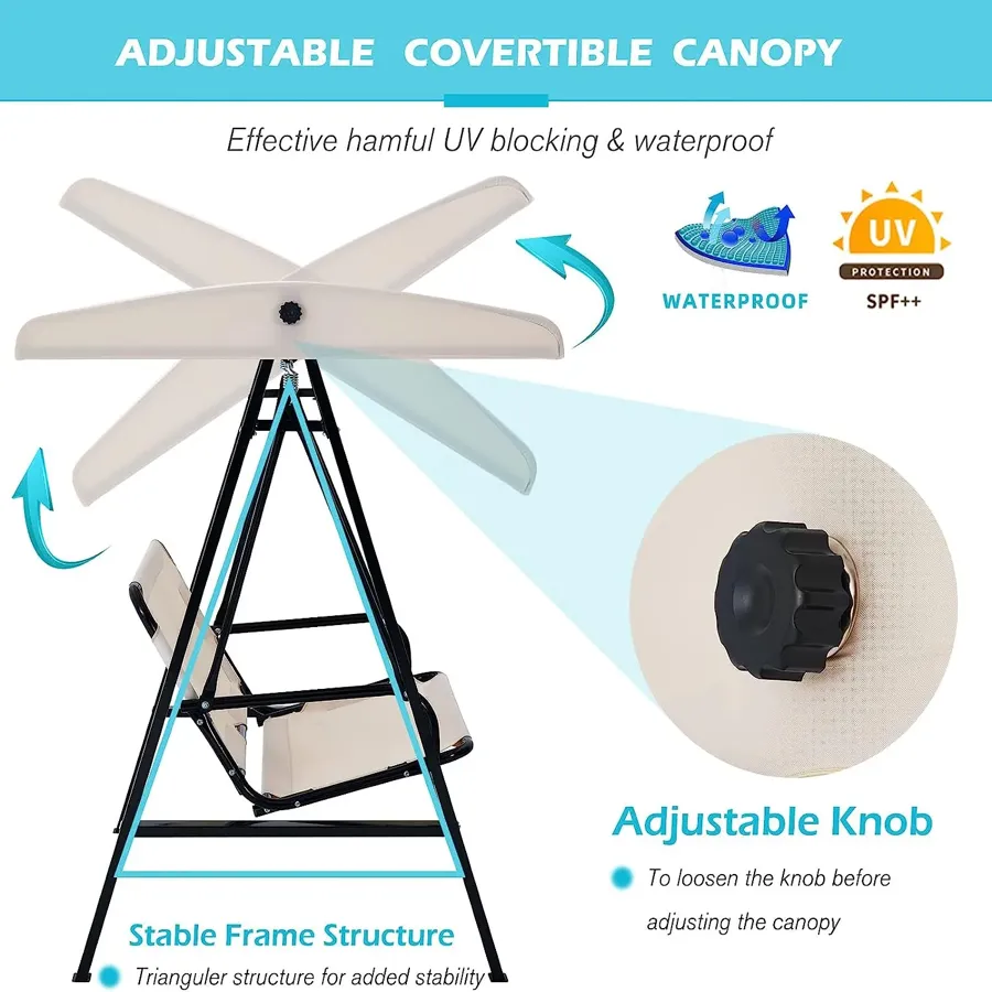 3-Seat Outdoor Porch Swing with Adjustable Backrest and Canopy