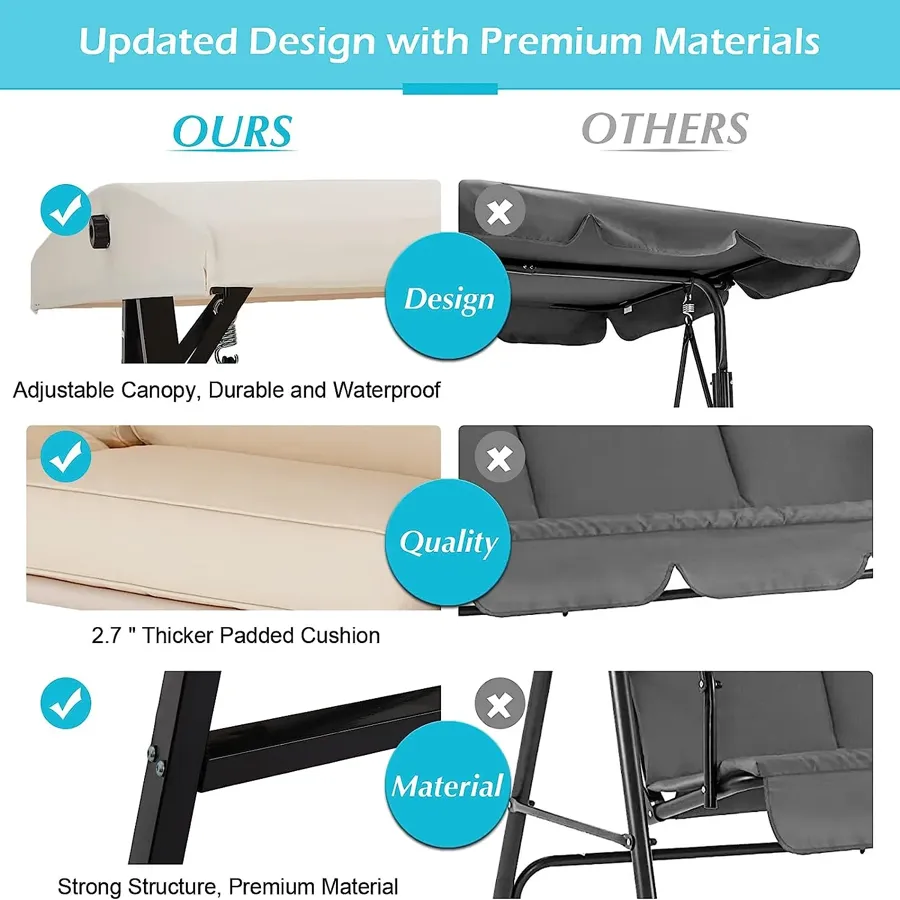 3-Seat Outdoor Porch Swing with Adjustable Backrest and Canopy