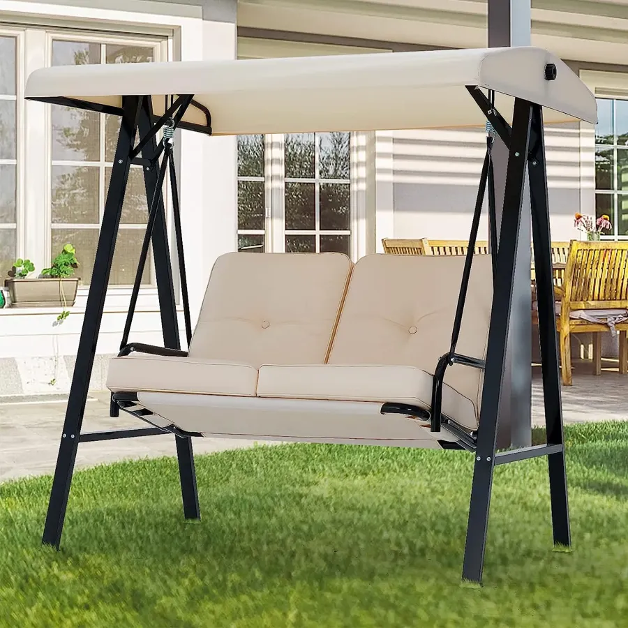 3-Seat Outdoor Porch Swing with Adjustable Backrest and Canopy