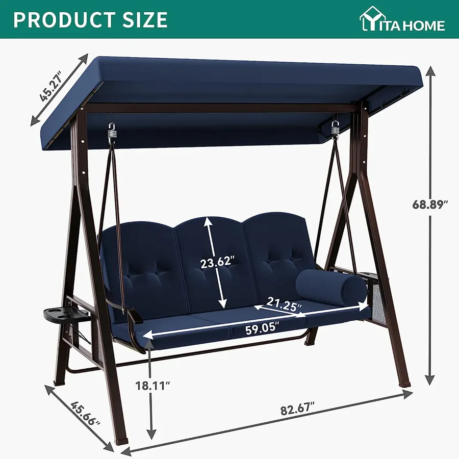 3-Seat Porch Swing | Swing Chair with Weather Resistant Steel Frame