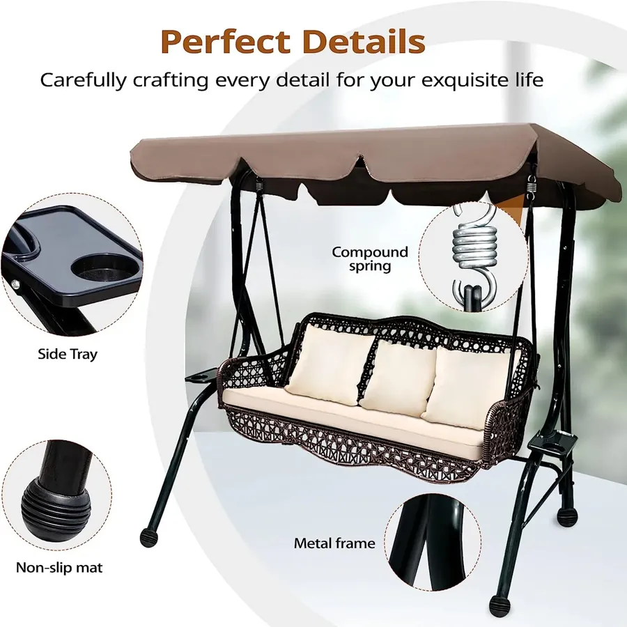 3 Seat Porch Swing - Outdoor Swing with Canopy Adjustable