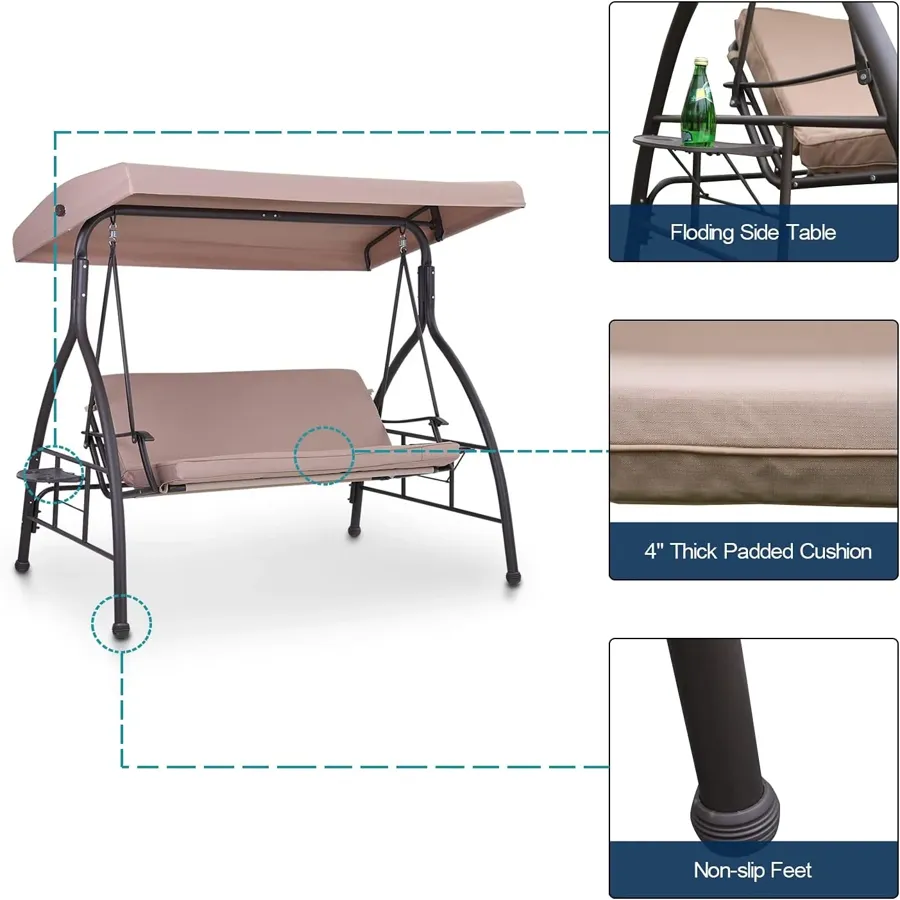 3 Seat Patio Porch Swing - Outdoor Adjustable Canopy Swing