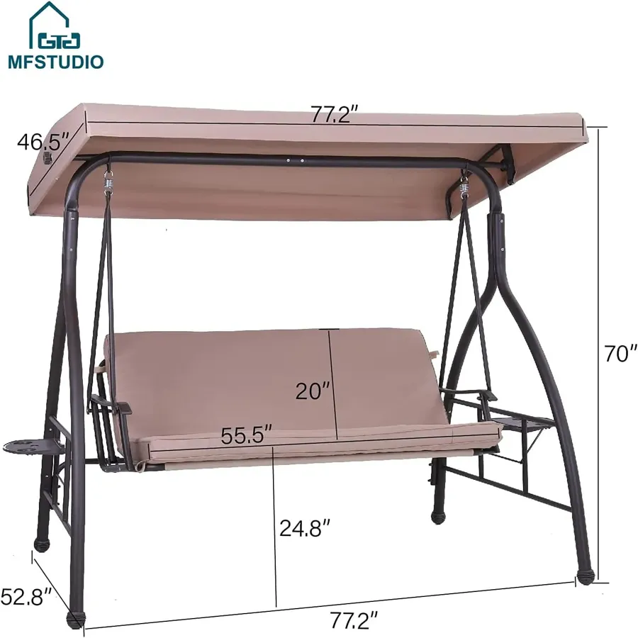 3 Seat Patio Porch Swing - Outdoor Adjustable Canopy Swing