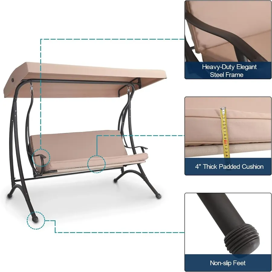 3 Seat Patio Porch Swing - Outdoor Adjustable Canopy Swing