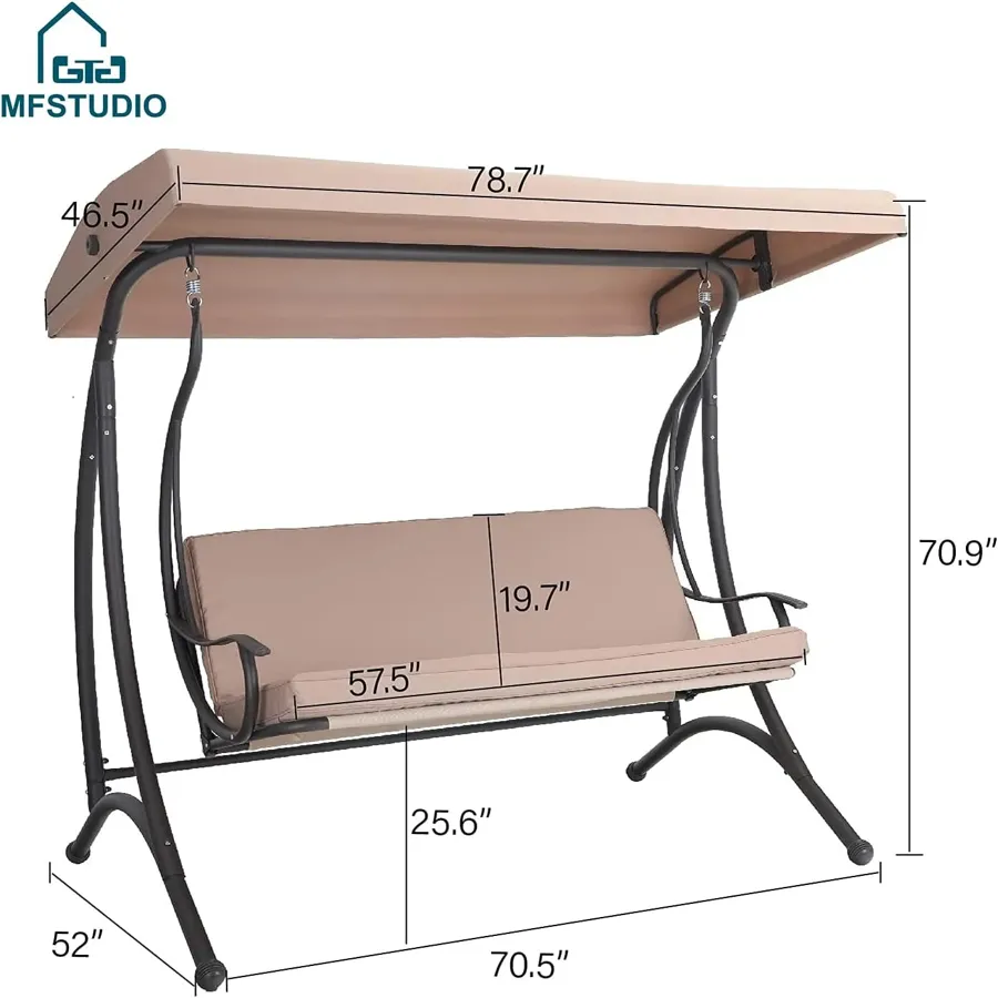 3 Seat Patio Porch Swing - Outdoor Adjustable Canopy Swing