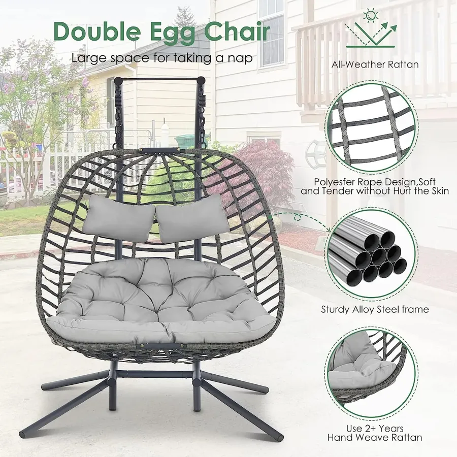 2 Person Hanging Egg Chair with Stand for Outdoor