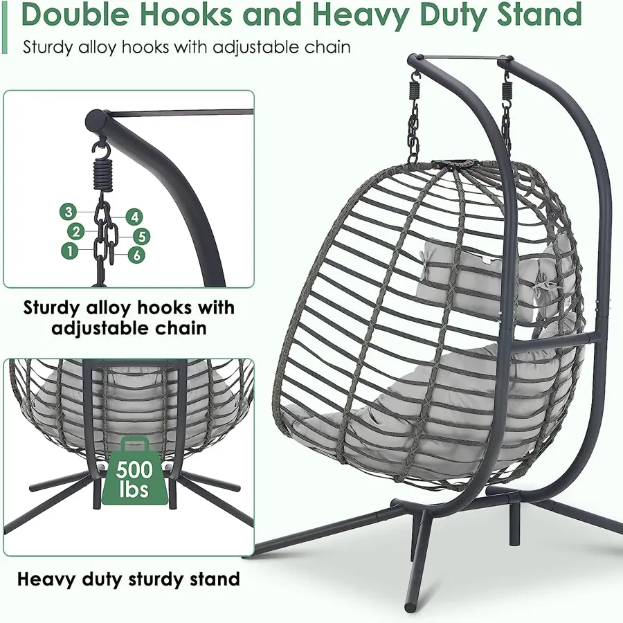 2 Person Hanging Egg Chair with Stand for Outdoor