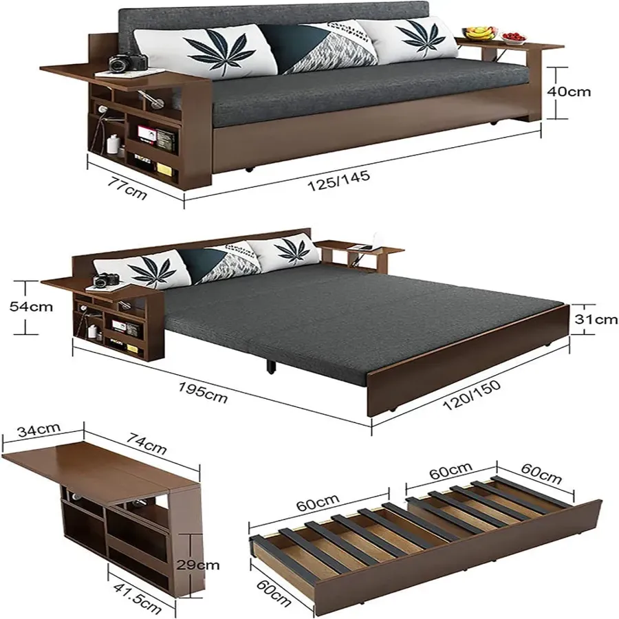 Foldable Multifunctional Wood Sofa Bed with Storage