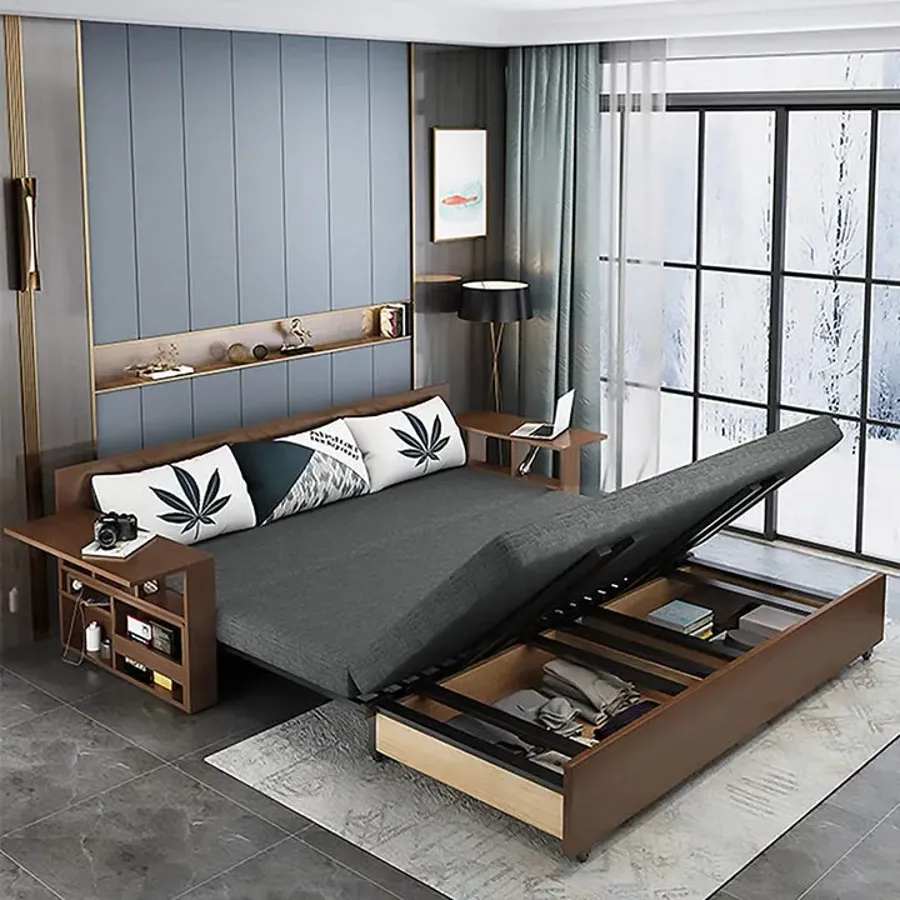 Foldable Multifunctional Wood Sofa Bed with Storage