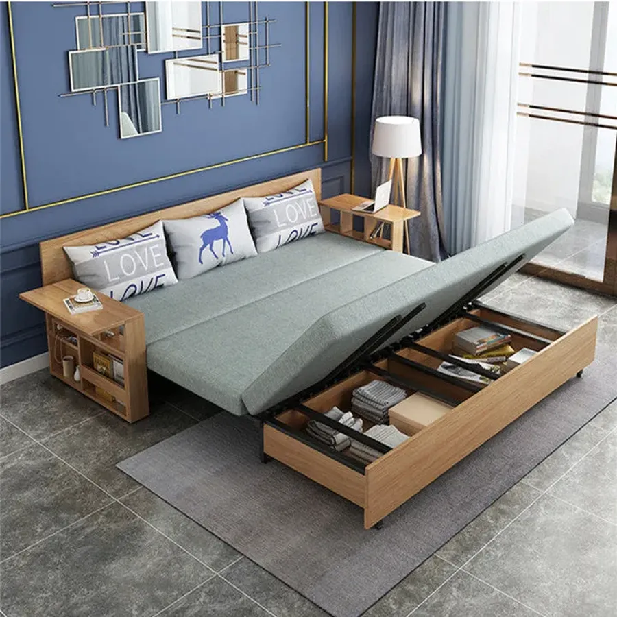 Foldable Multifunctional Wood Sofa Bed with Storage